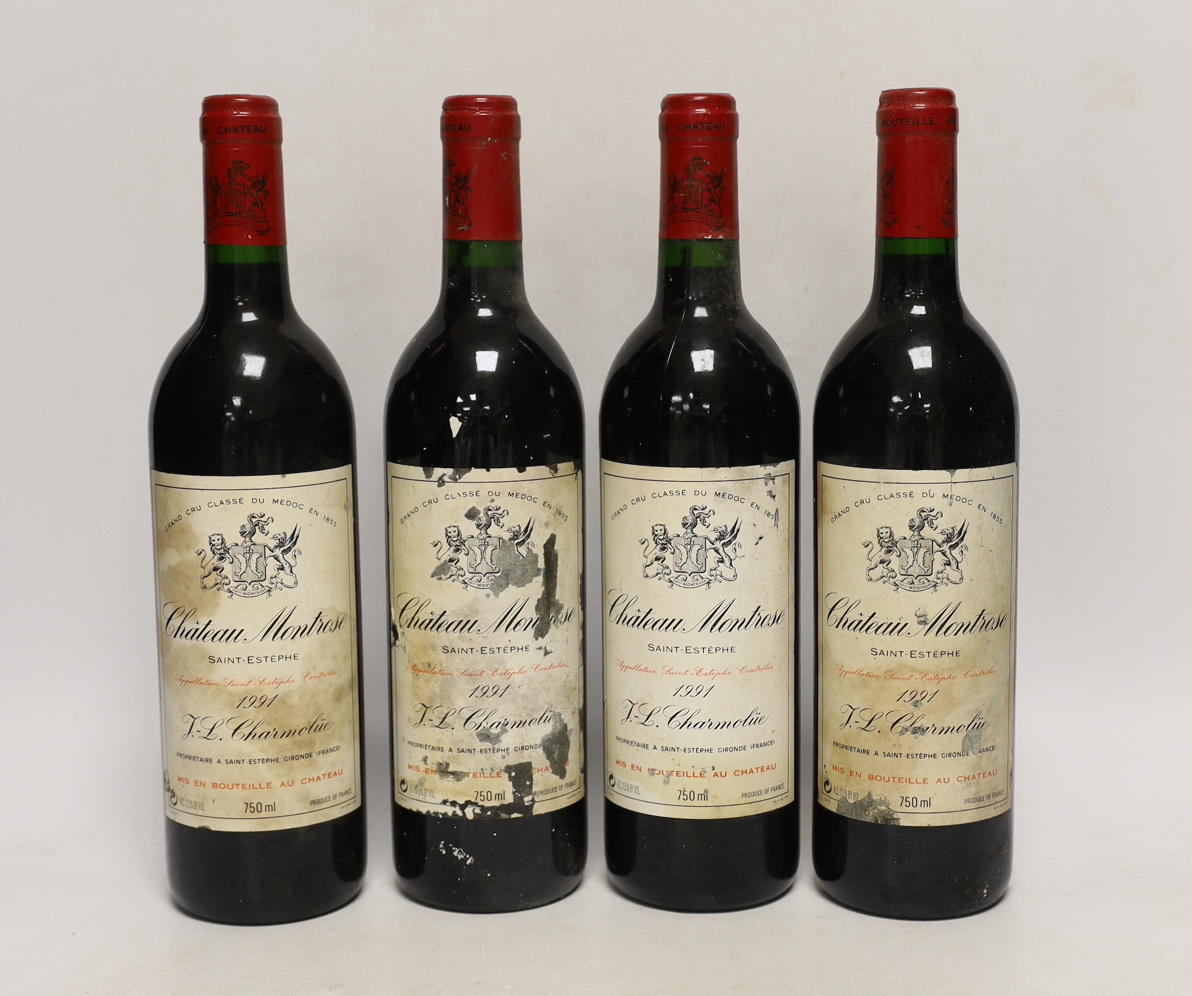Four bottles of Chateau Montrose 1991 wine